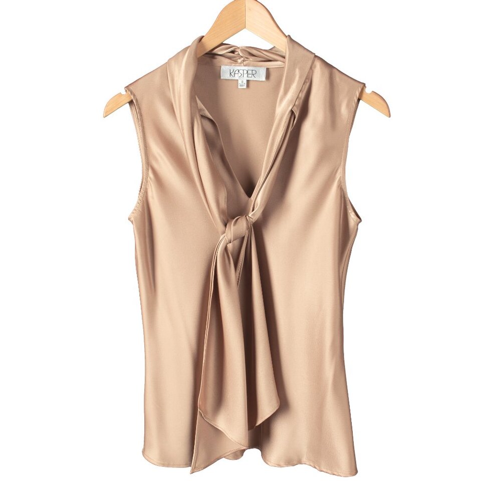 Satin Metallic Champagne Gold Tie Front Sleeveless V-Neck Blouse